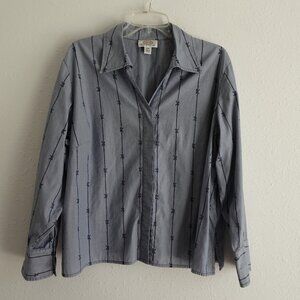 Talbots Button Front Top Blouse Women's Petite Plus Size 22W Blue Bow Print